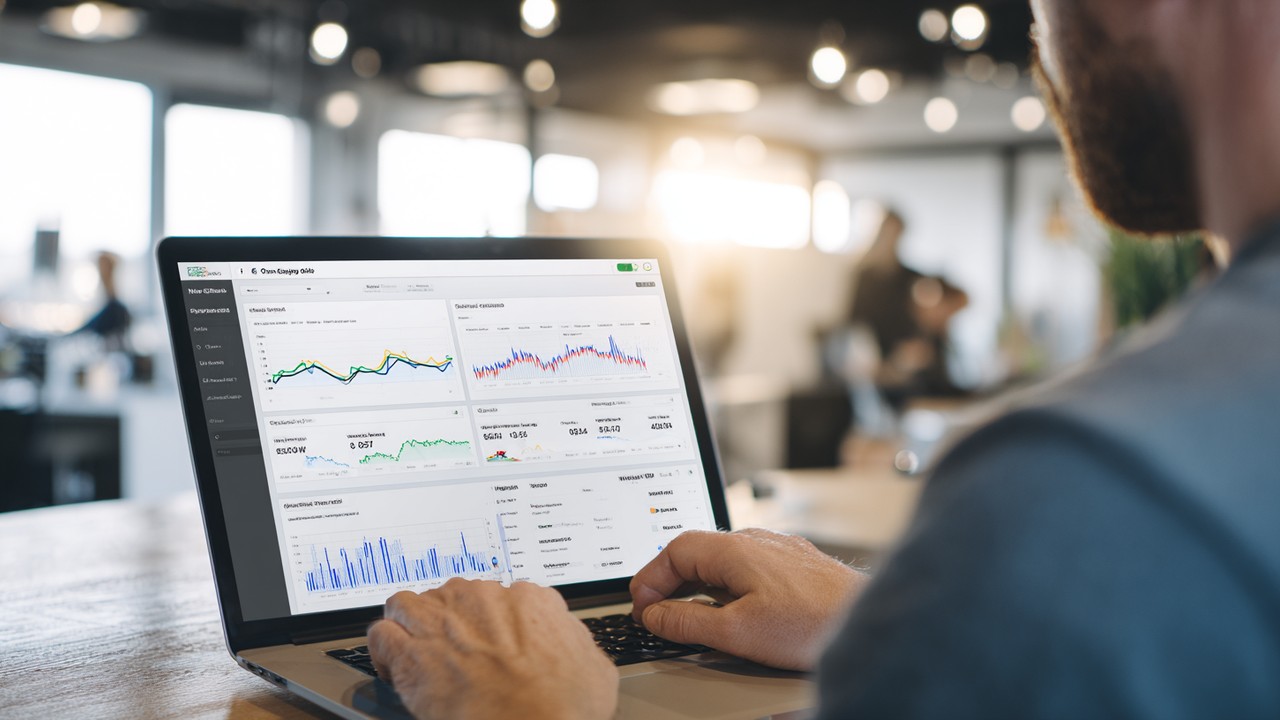Aydınlık modern ofiste, Google PageSpeed Insights ve GTmetrix performans test araçları açık dizüstü bilgisayar kullanan kişi.