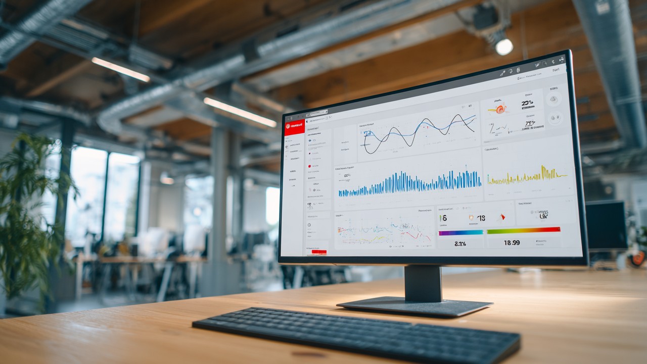 Bilgisayar ekranında gerçekçi web sitesi hız testi paneli, grafikler ve performans skorları, doğal ışıkta ofis ortamı.