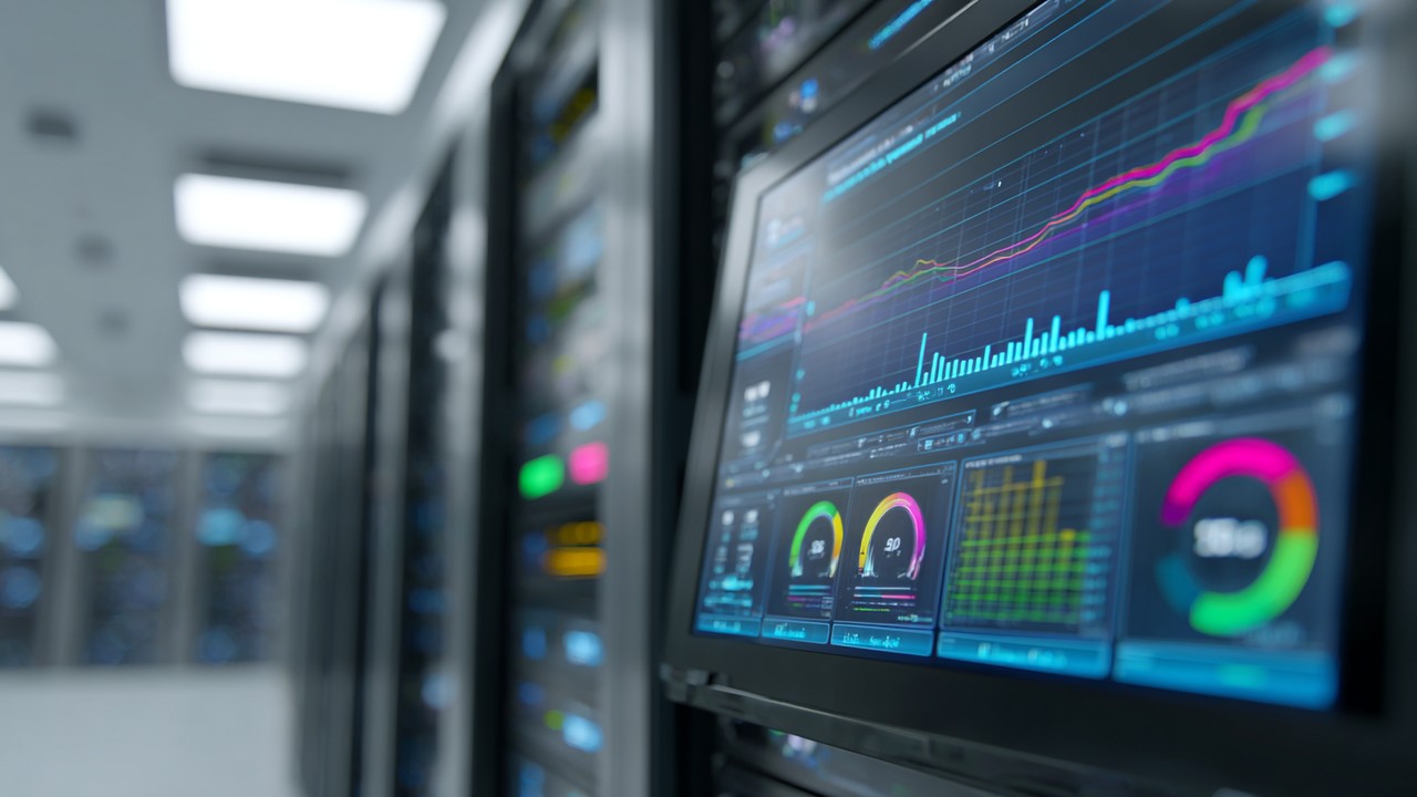 Bilgisayar ekranında OPcache ve Memcached simgeleriyle sunucu performans grafiklerini gösteren, arka planda bulanık sunucu odası bulunan optimize hız artırma görseli.