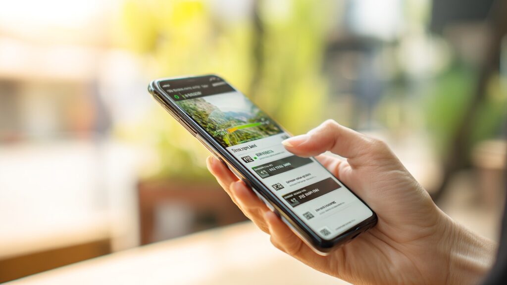Bir kişinin elinde tutulan modern akıllı telefonda, mobil site hız testi ekranı, doğal ışık ve bulanık yeşil arka plan.