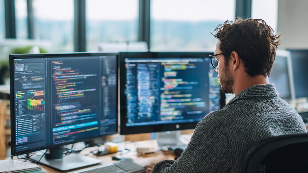 Çift monitörlü çalışma alanında, minify edilmiş CSS kodlarını ve farklı cihazlarda responsive web tasarım önizlemesini inceleyen ön yüz geliştirici.