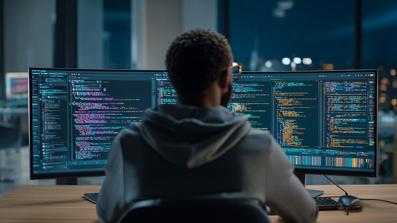 Çift monitörlü modern çalışma alanında CSS ve JavaScript kodlarıyla web geliştirici kod optimizasyonu yapıyor.