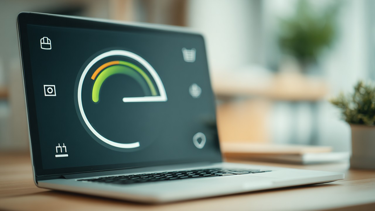 Dizüstü ekranda yavaşlayan WordPress site yükleme çubuğu, büyük resimler, eklentiler ve sunucu simgeleri ile performans sorunları.