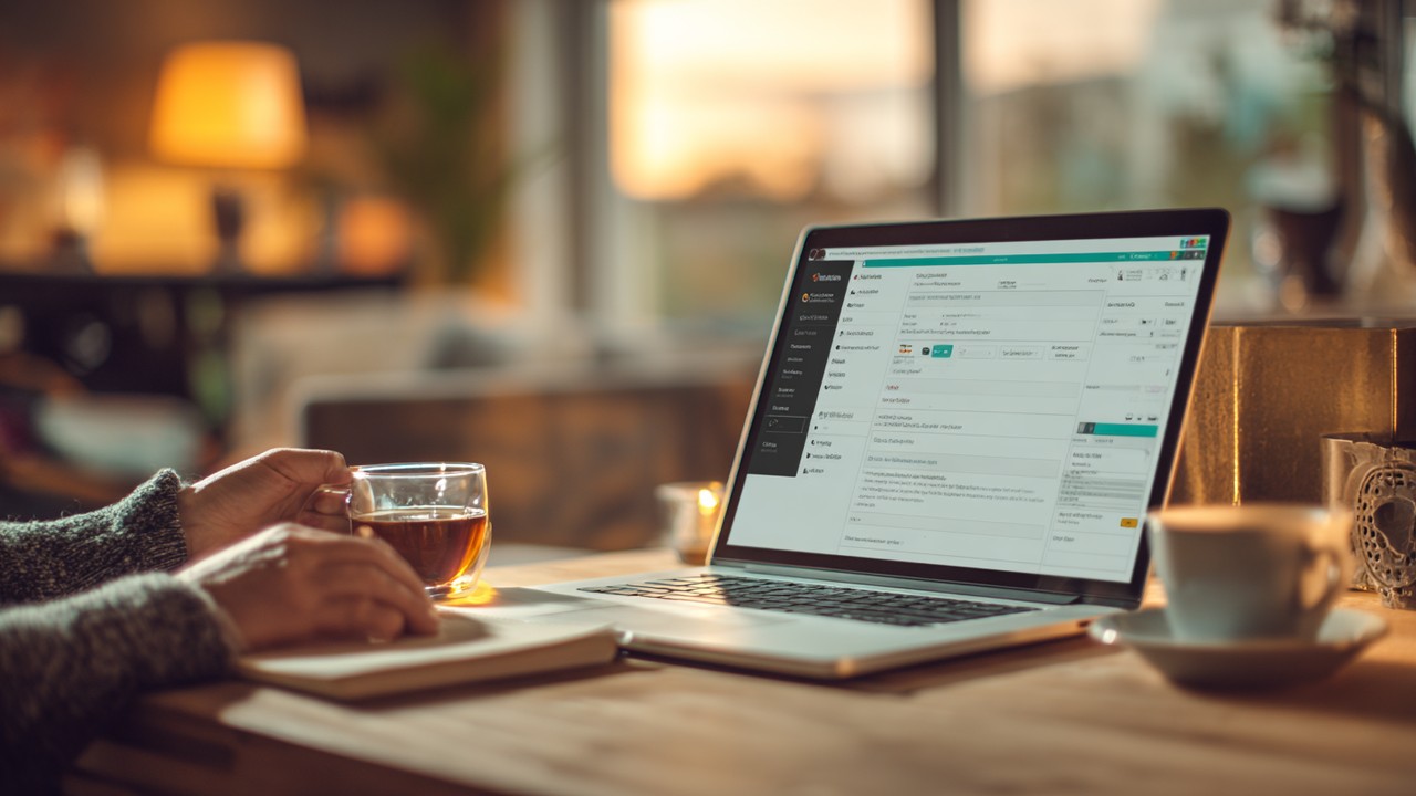 Evde rahat bir ofiste phpMyAdmin ile WordPress MySQL veritabanı yedekleme ve optimize eden kişi, yanarda notlar ve çay.