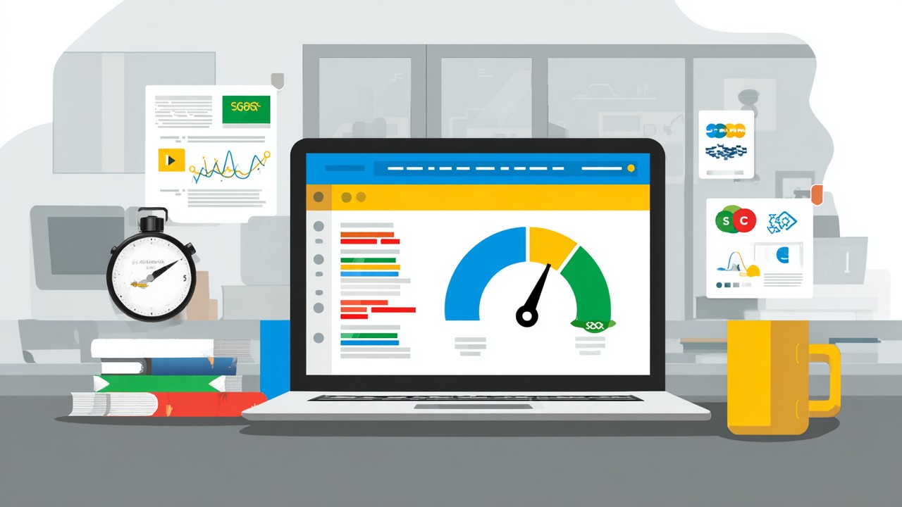 Laptop ekranında hız göstergesi ve kod parçacıklarıyla web sitesi performans optimizasyonu, SEO ve kullanıcı deneyimi simgeleriyle modern ofis ortamı.