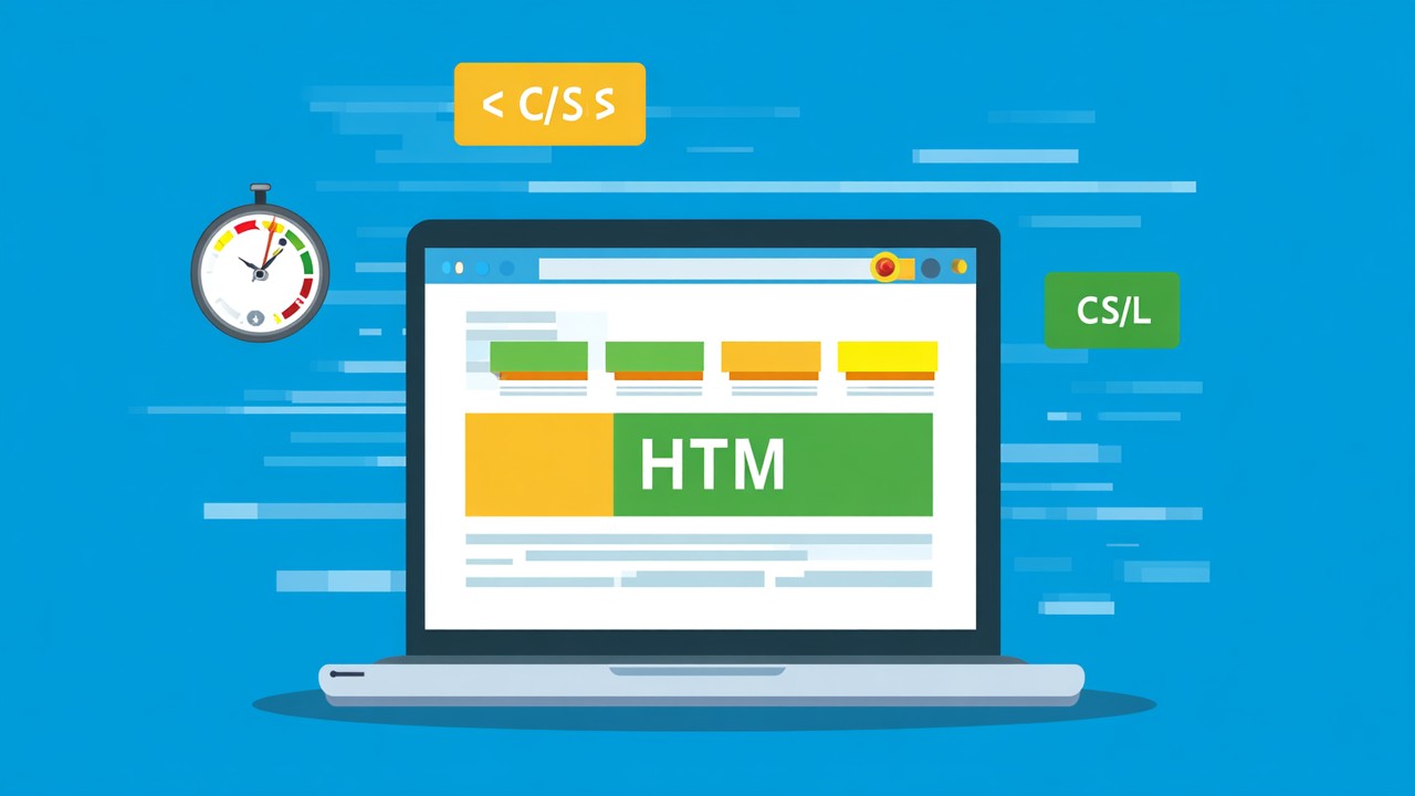 Laptop ekranında optimize edilmiş HTML, CSS ve JavaScript dosyalarıyla hızlı yüklenen web sayfası, temiz teknoloji çalışma alanı.
