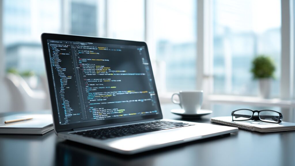 Modern çalışma alanı, dizüstünde HTML, CSS ve JavaScript kodları, temiz masa, kahve, not defteri ve gözlüklerle profesyonel atmosfer.
