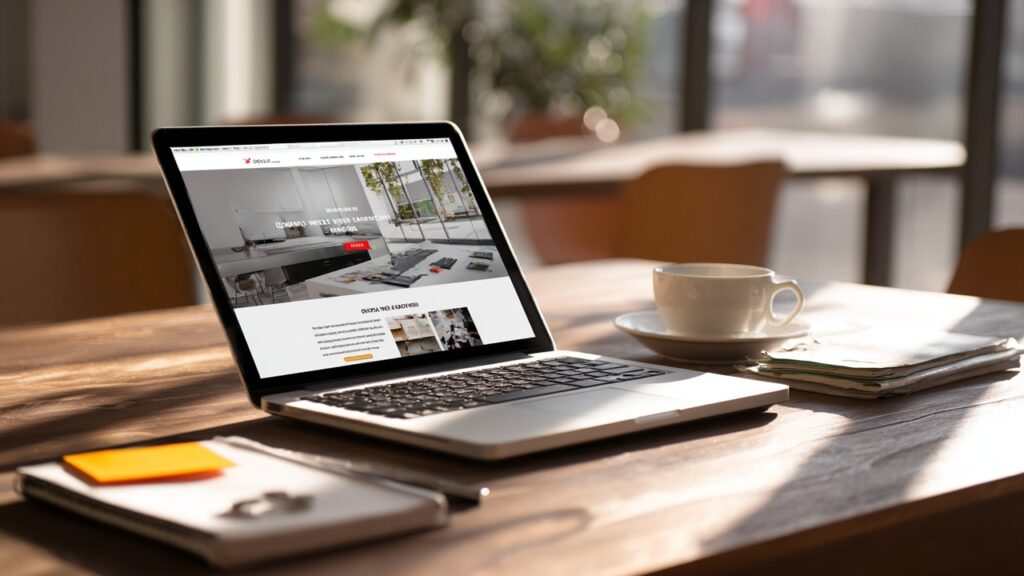 Modern çalışma alanı, minimalist web tasarım teması ekranında laptop, notlar ve kahve ile aydınlık, üretken ortam.