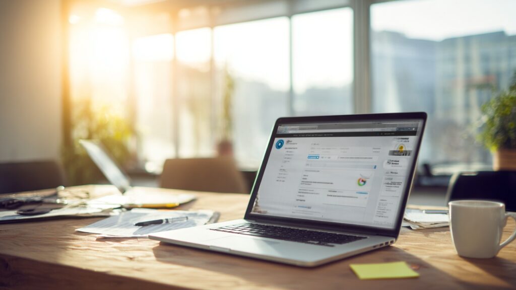 Modern çalışma alanı, WordPress kontrol paneli açık dizüstü bilgisayar, notlar, kahve fincanı ve doğal ışıkla düzenli masa.