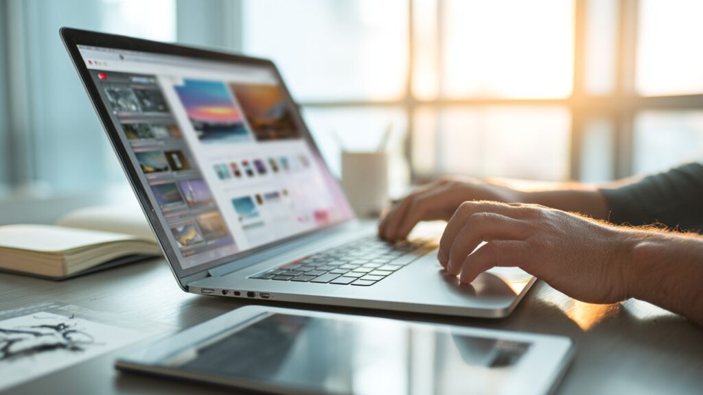 Modern çalışma alanı, WordPress kontrol paneli açık laptop, klavye üzerinde yazan eller, dijital tablet ve not defteri ile düzenli masa.