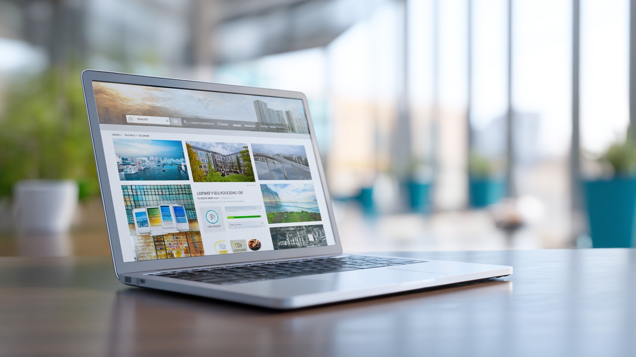 Modern çalışma alanında dizüstü ekranda optimize edilmiş görseller ve ilerleme çubuklarıyla web sitesi yükleniyor.