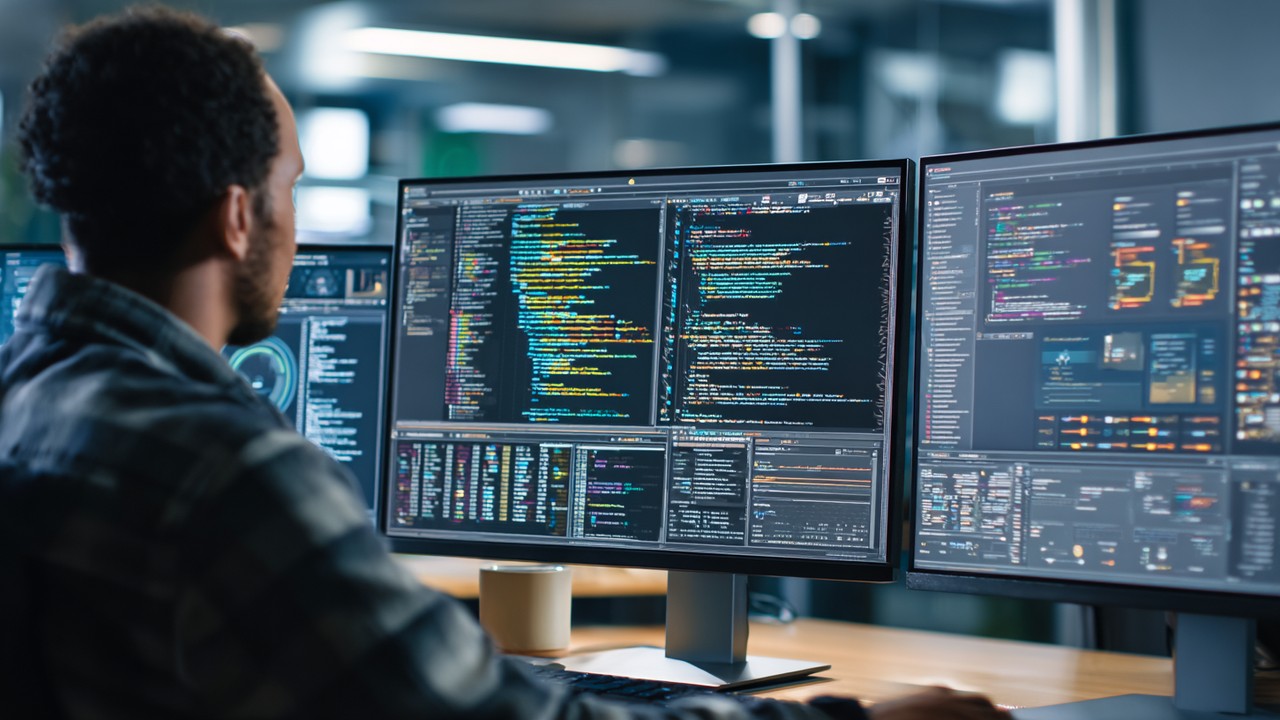 Modern çalışma alanında, mobil site optimizasyonu için CSS, JavaScript ve HTML kodlarıyla web geliştirici çalışıyor.