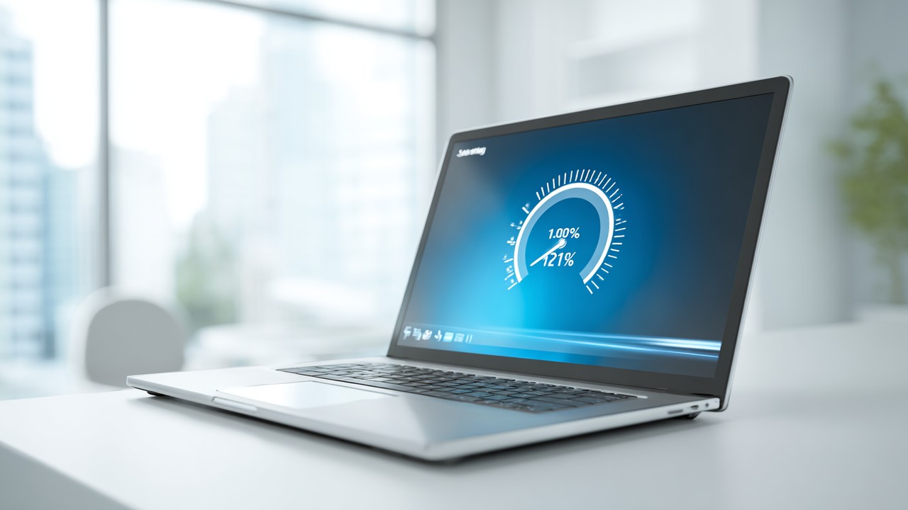 Modern dizüstü bilgisayar, hızlı yüklenen web sitesi ve ilerleme çubuğu ile temiz masada, minimal ofis ortamında web performansı.