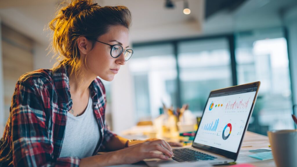 Modern ev ofisinde web sitesi performans grafiklerini analiz eden odaklanmış profesyonel, hızlı site optimizasyonu.