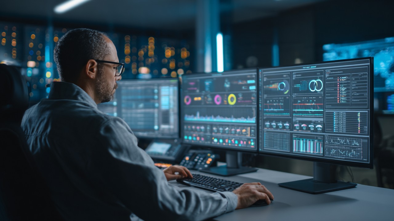 Modern kontrol odasında çoklu ekranlarda sunucu performansı ve uptime panellerini izleyen profesyonel BT uzmanı.