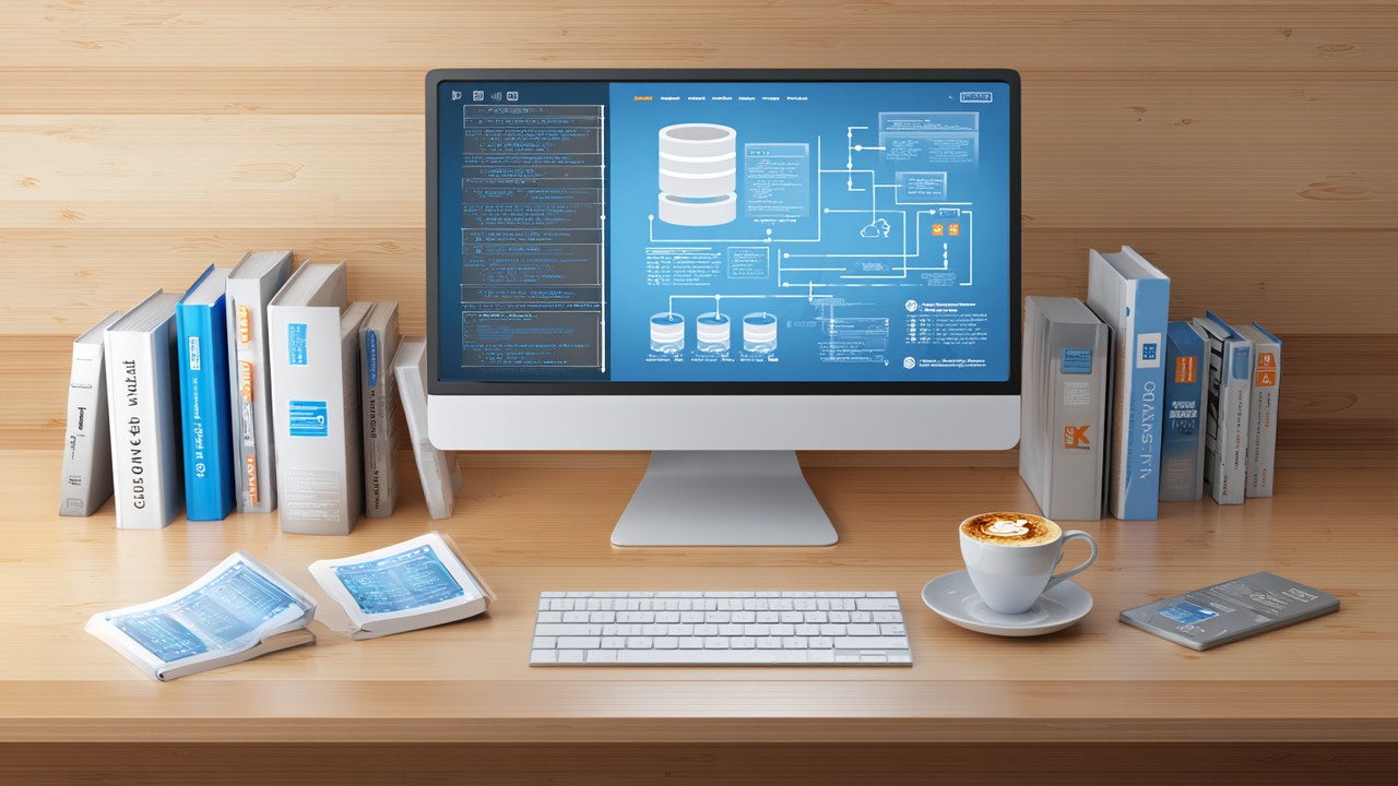 Modern ofis çalışma alanında WordPress kontrol paneli, veritabanı simgeleri ve veri akışı grafikleri, kodlama kitapları ve kahve fincanı.