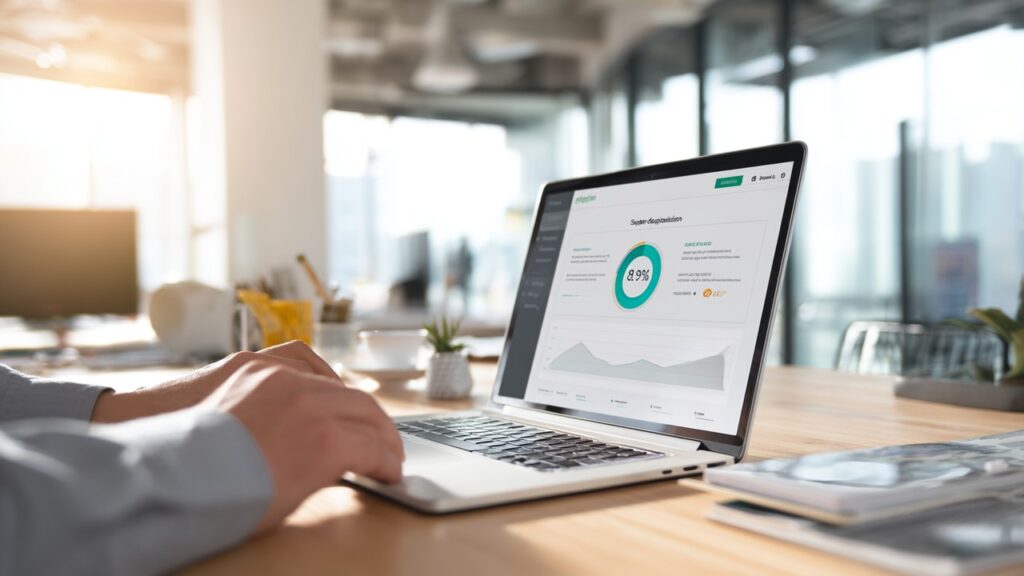 Modern ofis masasında web sitesi hız testi sonucu gösteren dizüstü bilgisayar ve kablosuz fare kullanan el.