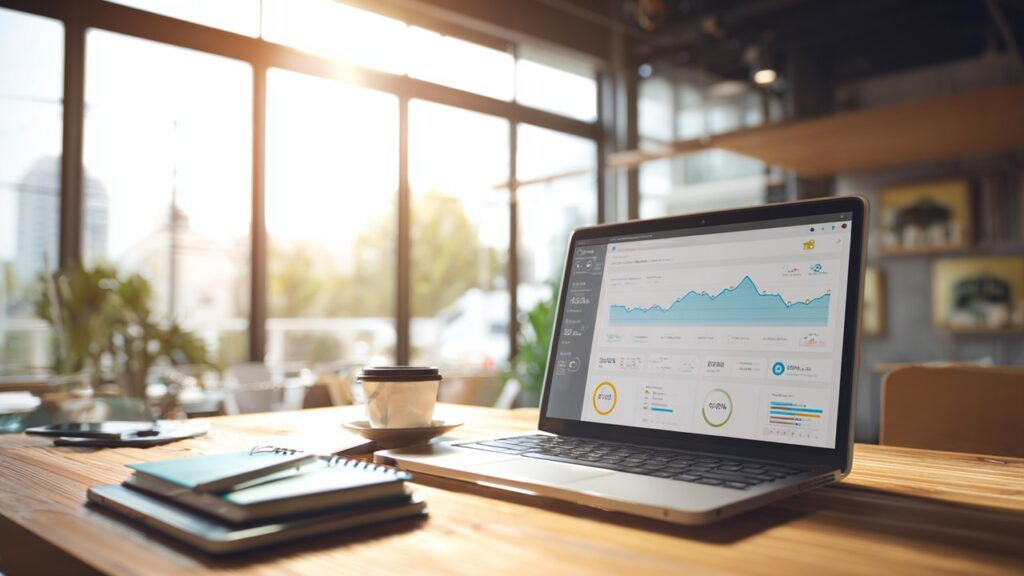 Modern ofis masasında web sitesi performans metrikleri gösteren laptop ve veri analiz eden profesyonel, hız optimizasyonu atmosferi.