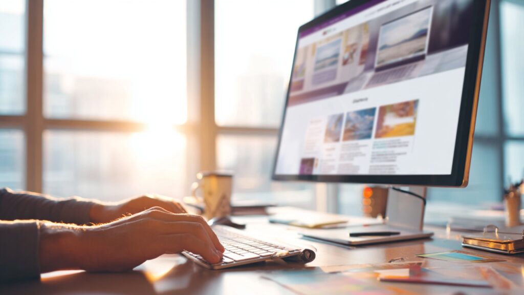 Modern ofiste dijital pazarlama ve web tasarım odaklı, temiz ve düzenli masada bilgisayar ekranında site optimizasyonu yapan kişi.