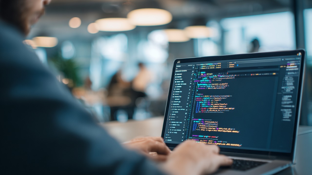 Modern ofiste dizüstü bilgisayarda JavaScript kodlarını async defer özellikleriyle inceleyen yazılım mühendisi.