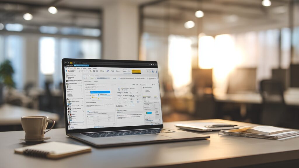 Modern ofiste doğal ışık altında, veri tabanı optimizasyon yazılımı açık dizüstü bilgisayar ve notlarla profesyonel çalışma alanı.