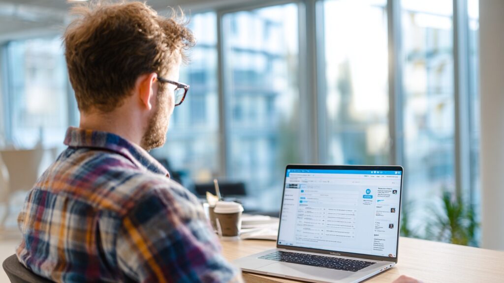 Modern ofiste doğal ışıkta WordPress eklentilerini inceleyen profesyonel, laptop ve temiz çalışma alanı ile.