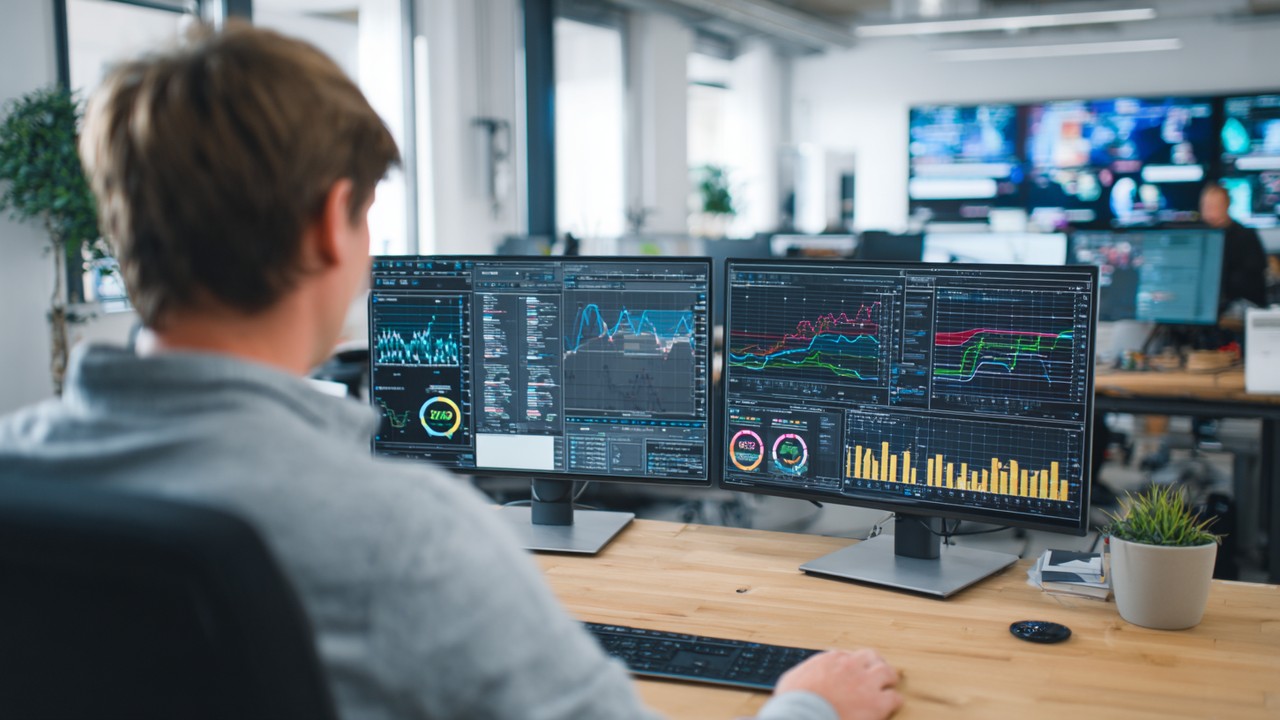 Modern ofiste, web geliştirici çoklu ekranda site performans grafiklerini ve hız göstergelerini analiz ediyor, SEO için hız optimizasyonu vurgulu.