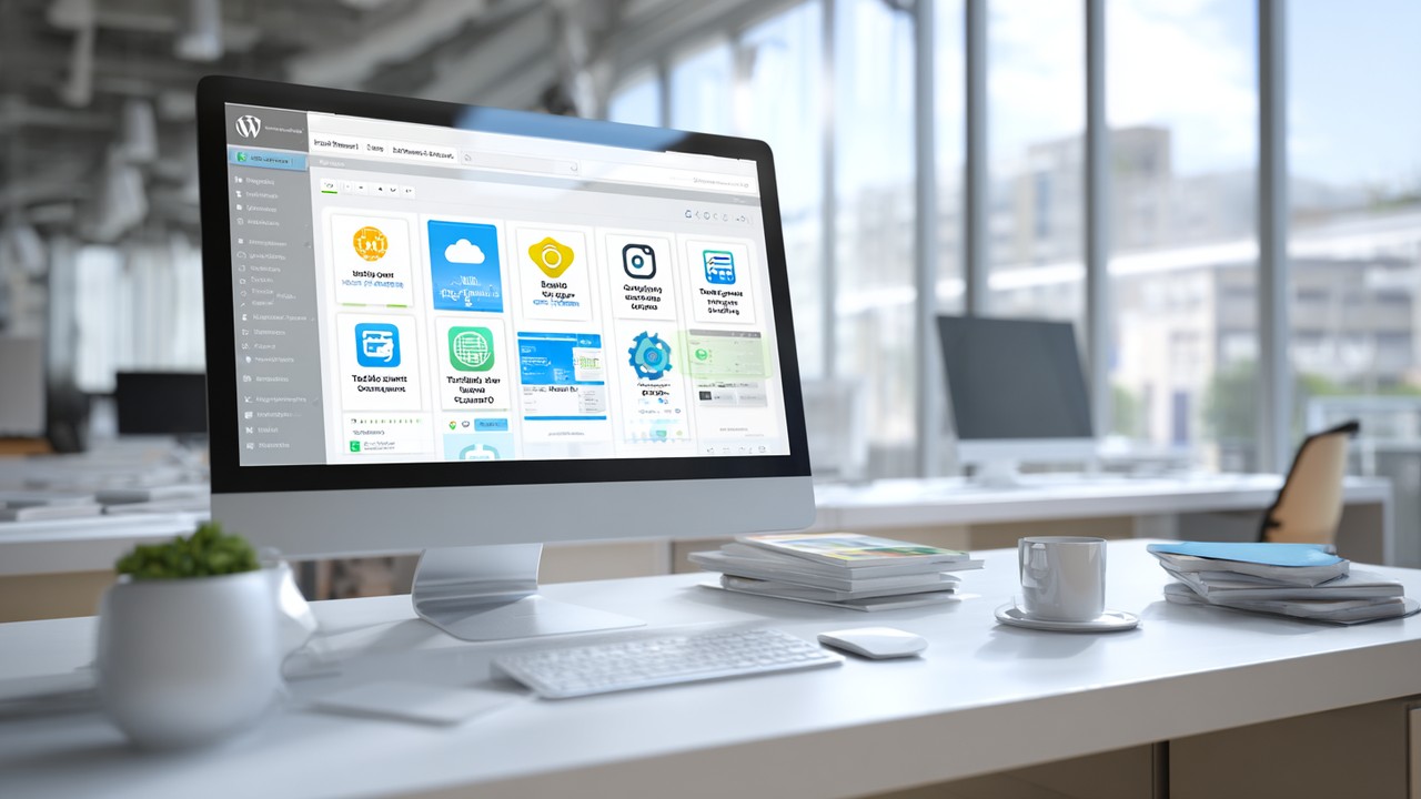 Modern ofiste WordPress kontrol paneli ve önbellekleme, hız optimizasyonu, SEO simgeleriyle web sitesi performans artırma çalışma alanı.