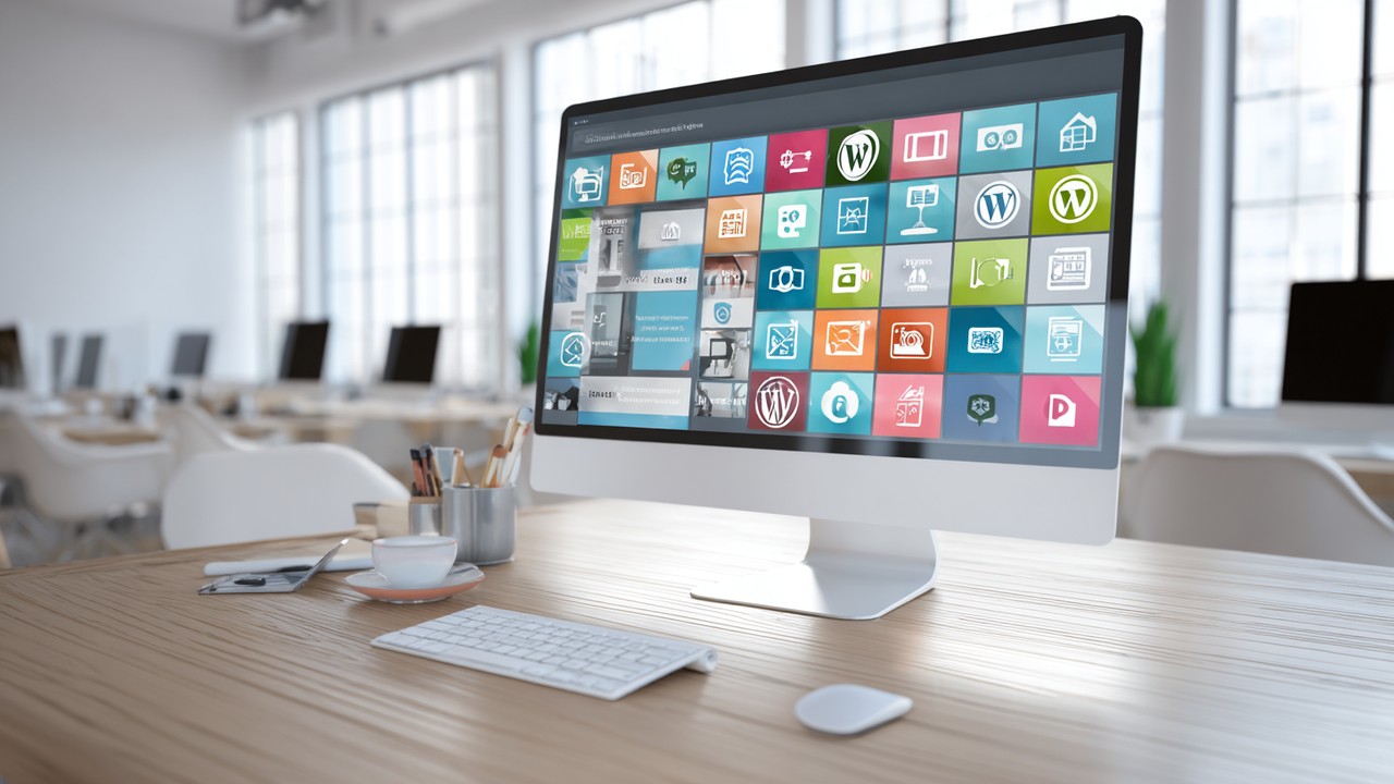 Modern ofiste WordPress kontrol paneli ve optimize edilen eklentiler simgeleriyle temiz, aydınlık çalışma alanı.