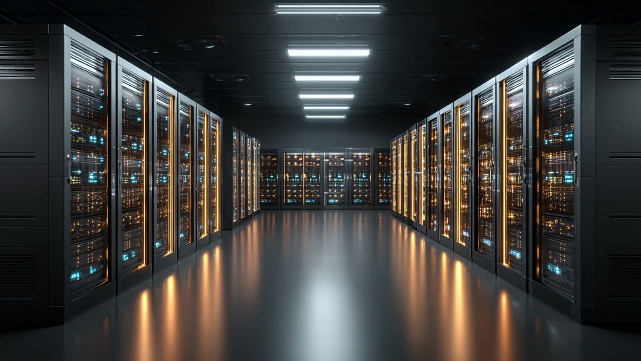 Modern veri merkezi, aydınlatılmış sunucu raflarıyla güçlü hosting altyapısı ve optimize edilmiş sunucu kaynakları gösteriyor.