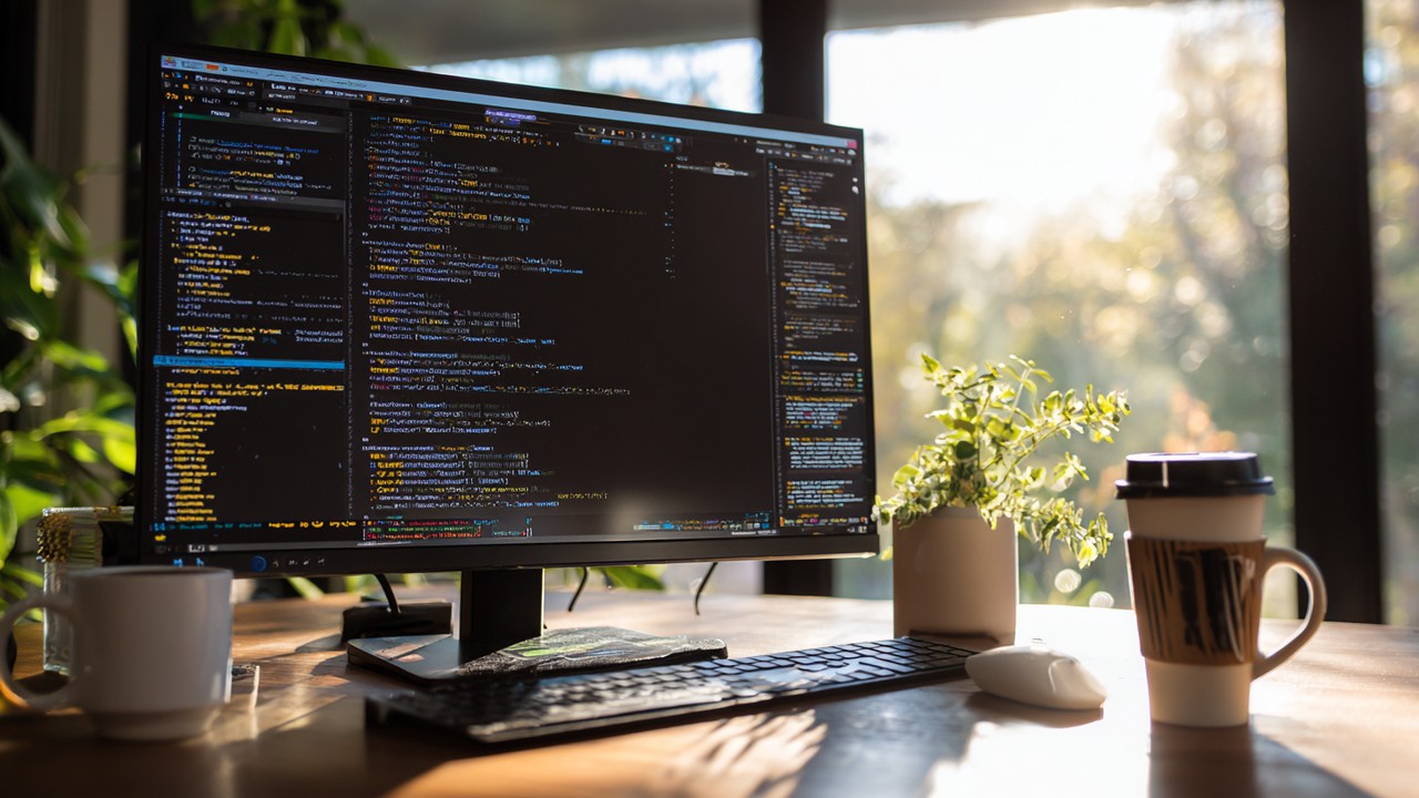 Modern web geliştirici çalışma alanı, JavaScript ve CSS kod editörü açık bilgisayar ekranı, notlar ve kahve fincanı ile doğal ışıkta gerçekçi fotoğraf.