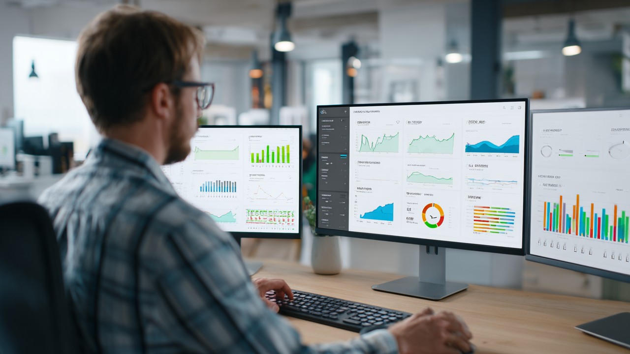 Profesyonel web geliştirici, modern ofiste çoklu ekranda hız metrikleri ve SEO sıralamalarını analiz ediyor.