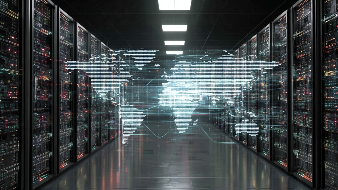 Veri merkezi içi, sunucu rafları ve yanıp sönen ışıklar ile yüksek kaliteli VPS ve özel hosting altyapısı, küresel CDN haritası dijital katmanıyla.