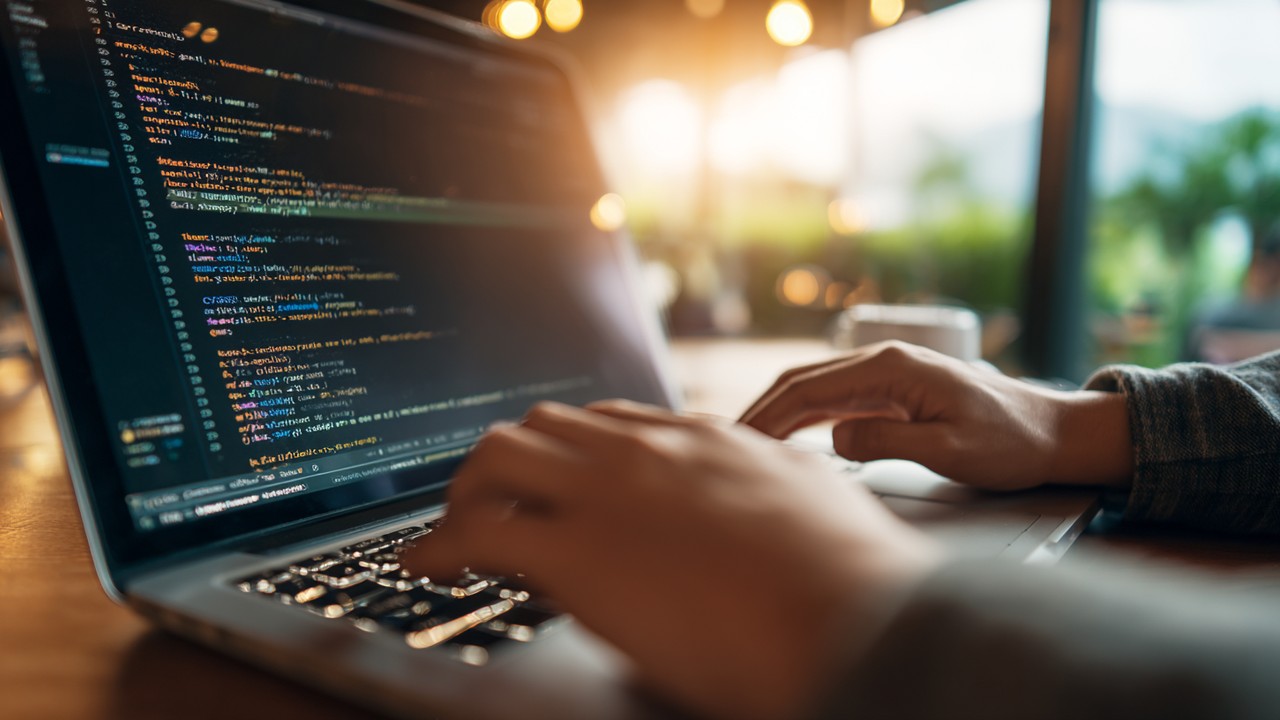 Yakın çekim web geliştiricisinin dizüstü bilgisayarda semantik HTML kodu yazması, modern ofis ortamı.