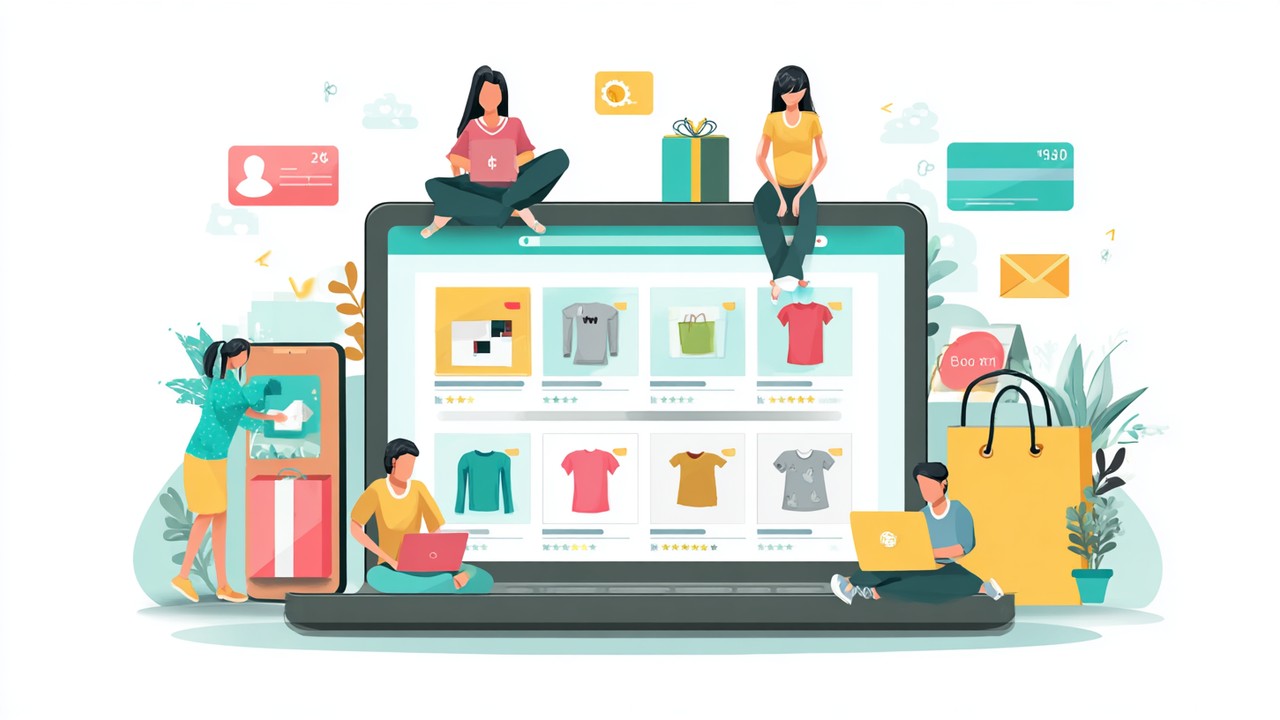 Yüksek hızlı ürün görselleriyle e-ticaret sitesi dizüstü ekranında, çeşitli cihazlarda mutlu müşteriler alışveriş yapıyor.